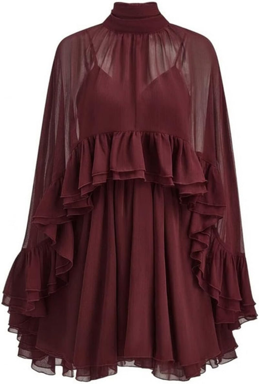 Women’s Semi Sheer Chiffon Ruffle Dress with Outer Cape