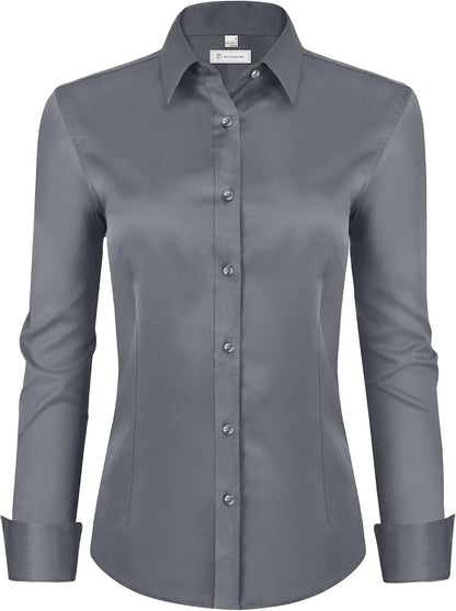 siliteelon Womens Classic-Fit Dress Shirts Long Sleeve Button Down Wrinkle-Free Stretch Solid Casual Work Office Blouse Top