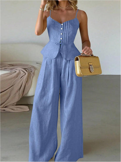 SOLY HUX Women's 2 Piece Outfit Button Down Peplum Cami Wide Leg Pants Set
