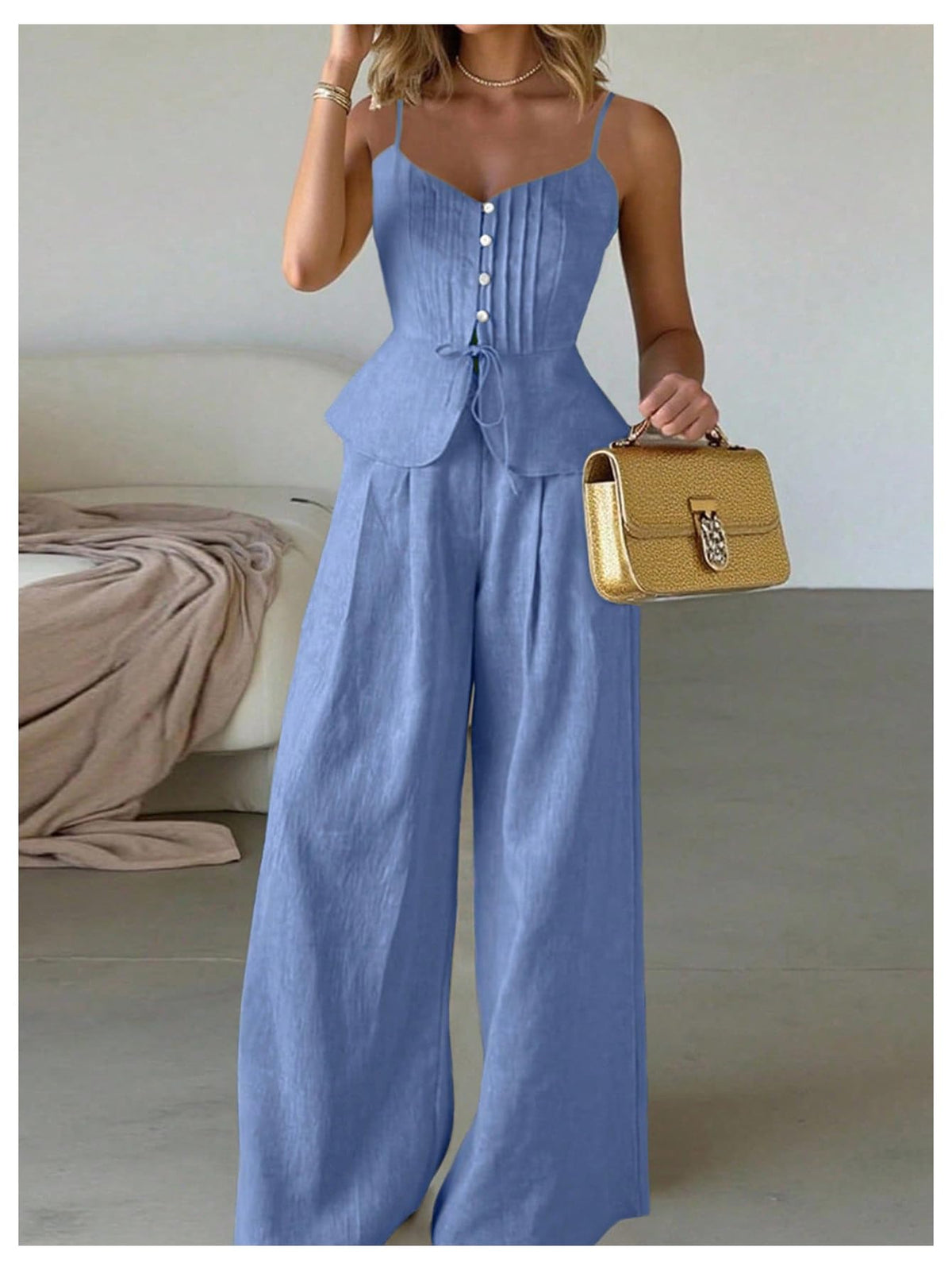 SOLY HUX Women's 2 Piece Outfit Button Down Peplum Cami Wide Leg Pants Set