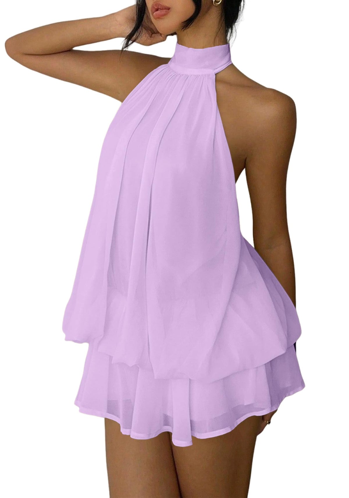 Women's Chiffon Halter Drop Waist Mini Dress Wedding Guest Dresses Ruffle Formal Club Holiday Brunch Outfits