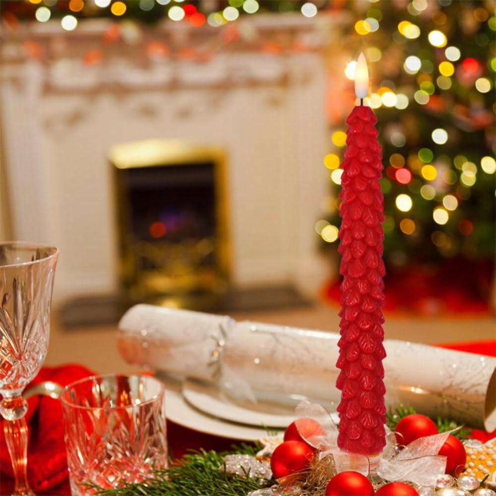 Green Christmas Tree Flameless Taper Candles Battery Operated Remote Timer