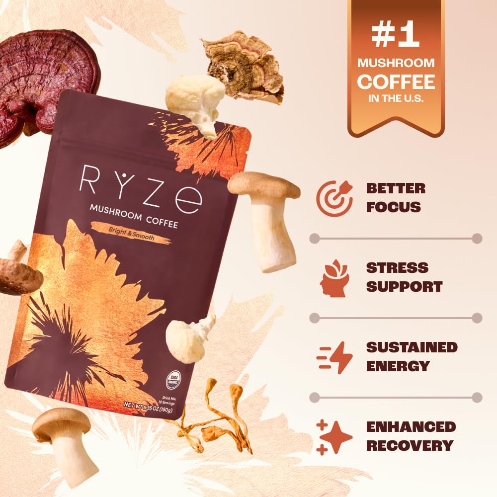 Ryze Superfoods Mushroom Medium Roast Coffee Usda Organic with 6 Adaptogenic Mushrooms