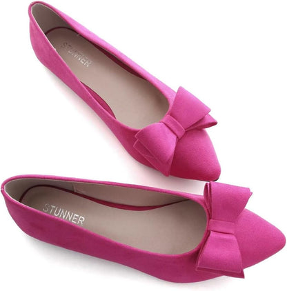 Stunner Womens Suede Bowknot Ballet Flats Pointed Toe Soft Dress Shoes