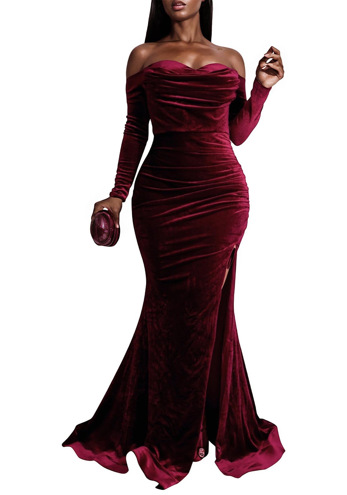 Women Off The Shoulder Formal Dresses Velvet High Split Maxi Dress