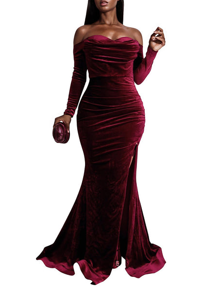 Women Off The Shoulder Formal Dresses Velvet High Split Maxi Dress