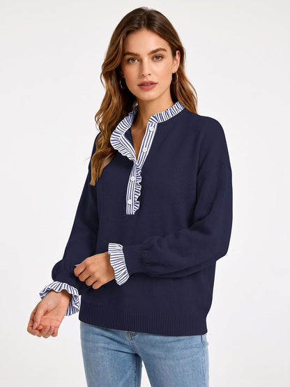Ruffle Knit Collared Quarter Pullover