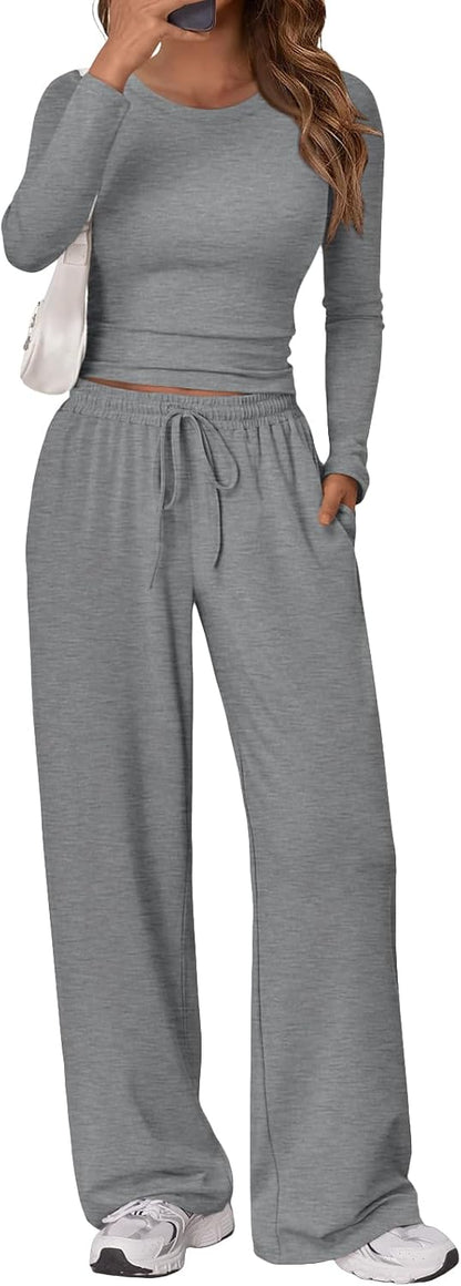 Trendy Queen Women's 2 Piece Matching Lounge Set Long Sleeve Side Ruching Top Wide Leg Drawstring Pants Set with Pockets
