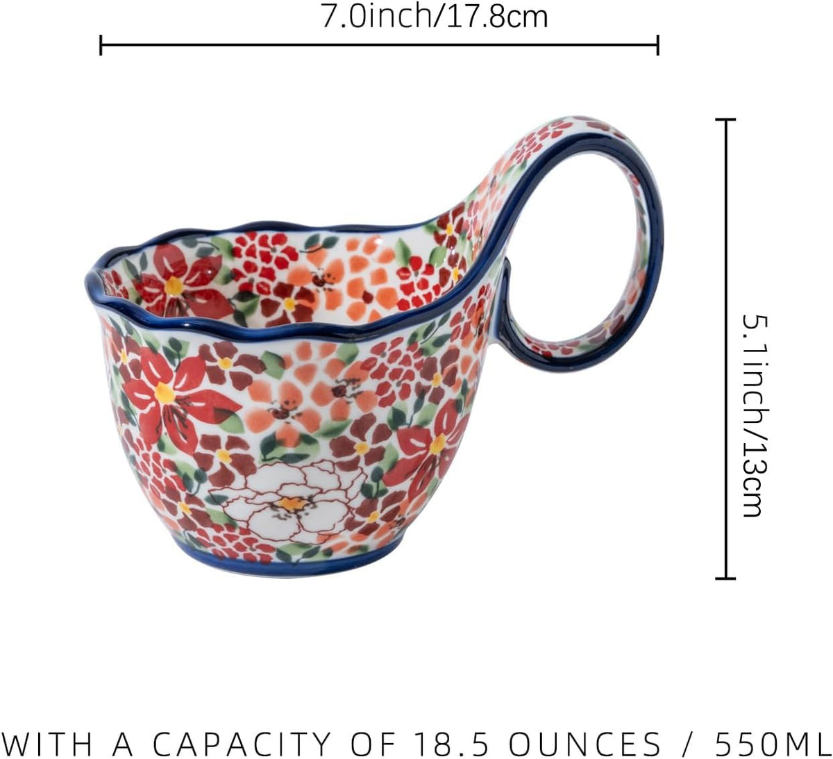 Alma Handpainted Microwavable Soup Bowl with Loop Handle 18.6Oz, Cereal Bowl with Handle