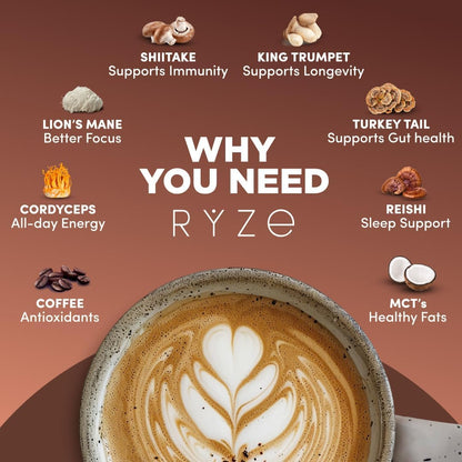 Ryze Superfoods Mushroom Medium Roast Coffee Usda Organic with 6 Adaptogenic Mushrooms