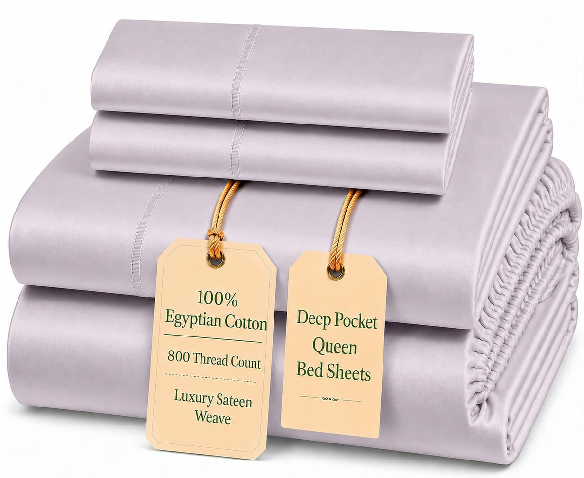 100% Egyptian Cotton Sheets King Size Sheets Set with Fully Elasticated 15" Deep Fitted Sheet & Pillowcases