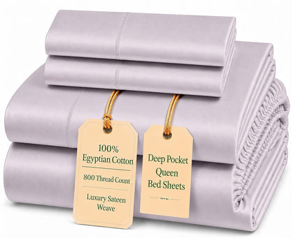 100% Egyptian Cotton Sheets King Size Sheets Set with Fully Elasticated 15" Deep Fitted Sheet & Pillowcases