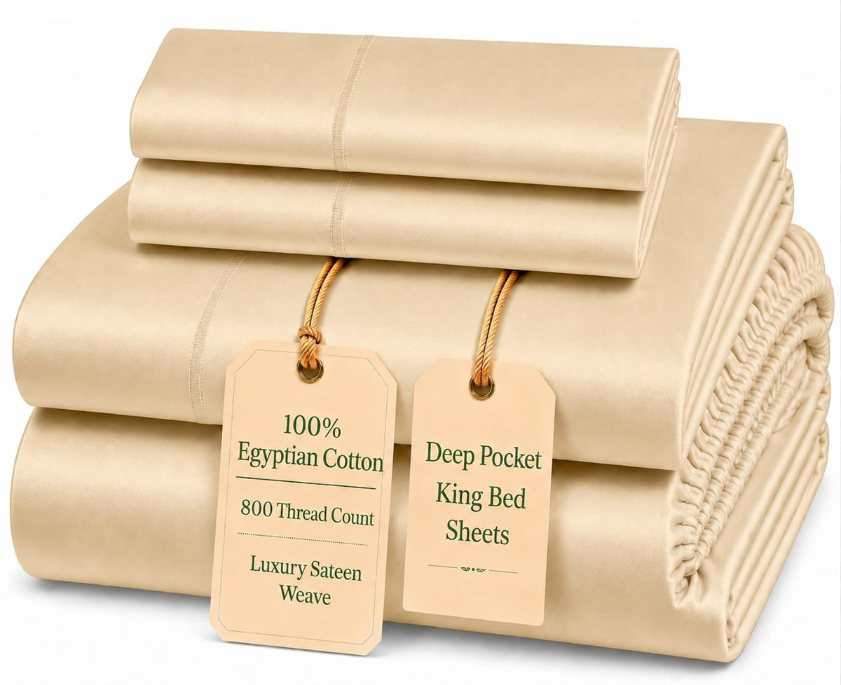 100% Egyptian Cotton Sheets King Size Sheets Set with Fully Elasticated 15" Deep Fitted Sheet & Pillowcases