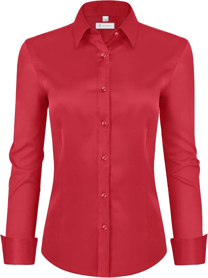 siliteelon Womens Classic-Fit Dress Shirts Long Sleeve Button Down Wrinkle-Free Stretch Solid Casual Work Office Blouse Top