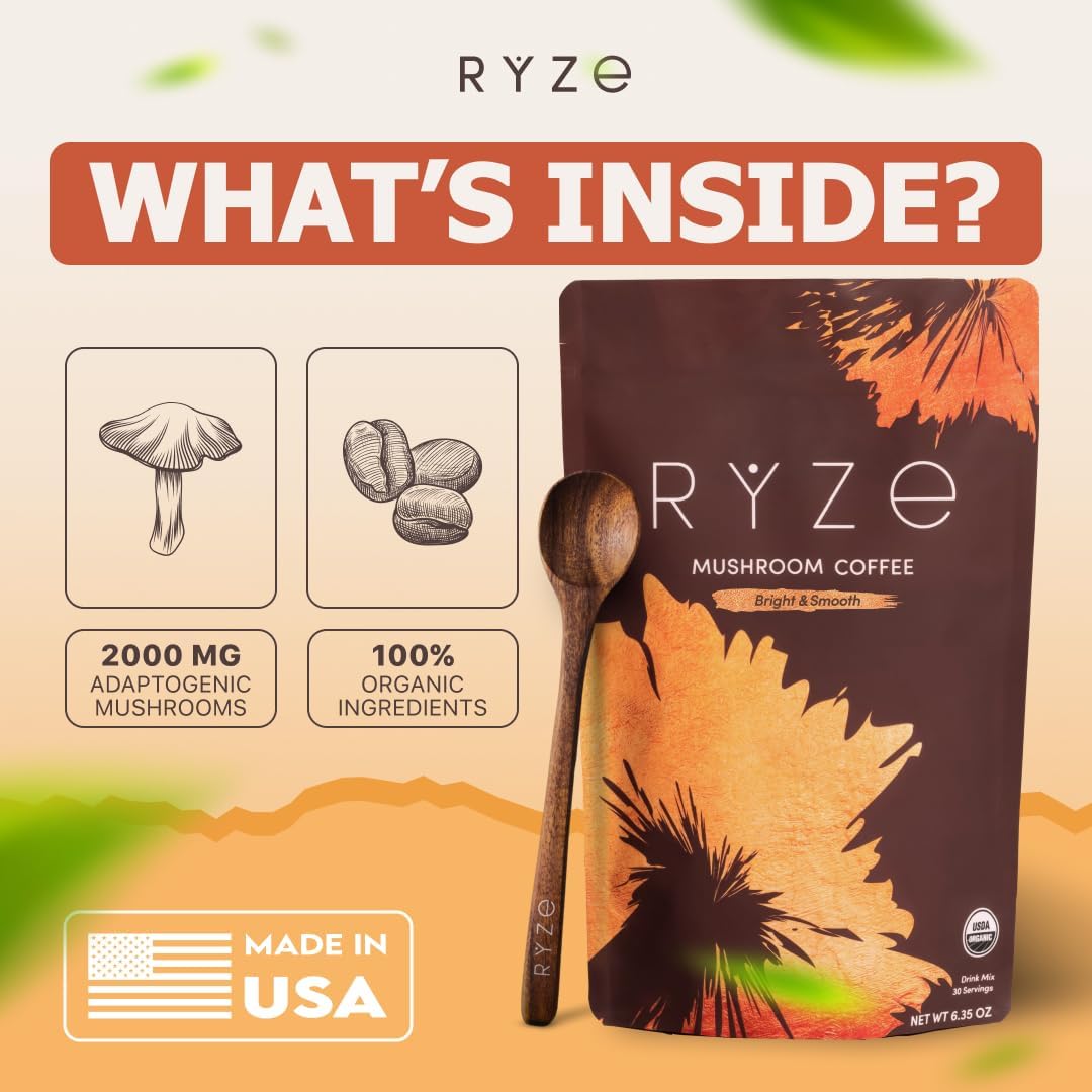 Ryze Superfoods Mushroom Medium Roast Coffee Usda Organic with 6 Adaptogenic Mushrooms