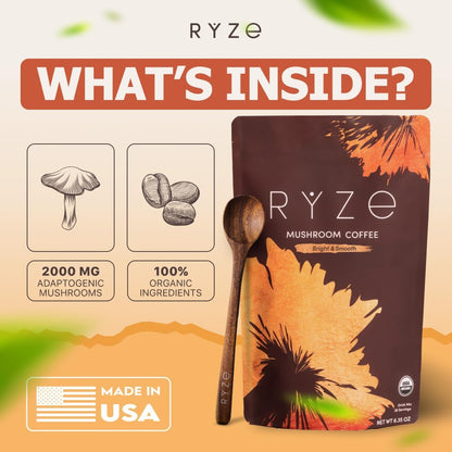 Ryze Superfoods Mushroom Medium Roast Coffee Usda Organic with 6 Adaptogenic Mushrooms