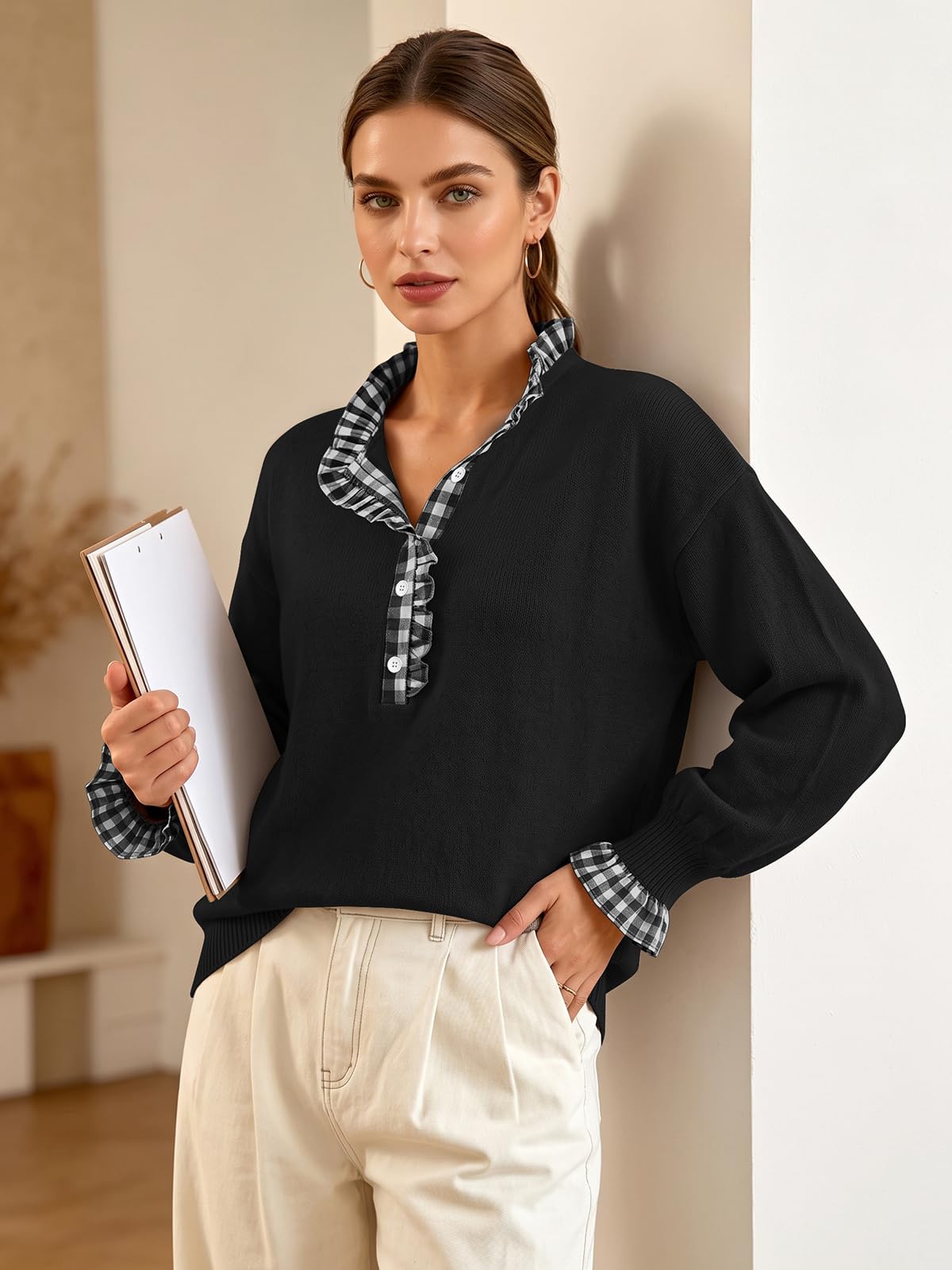 Ruffle Knit Collared Quarter Pullover