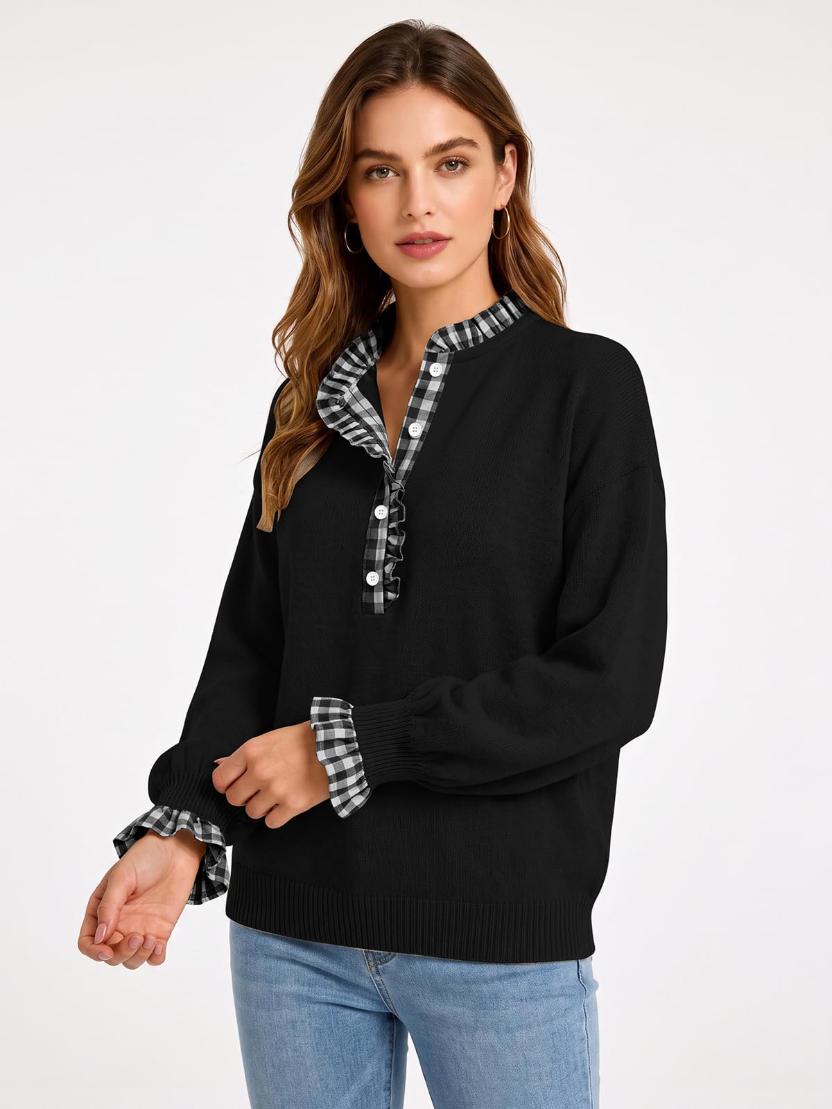 Ruffle Knit Collared Quarter Pullover
