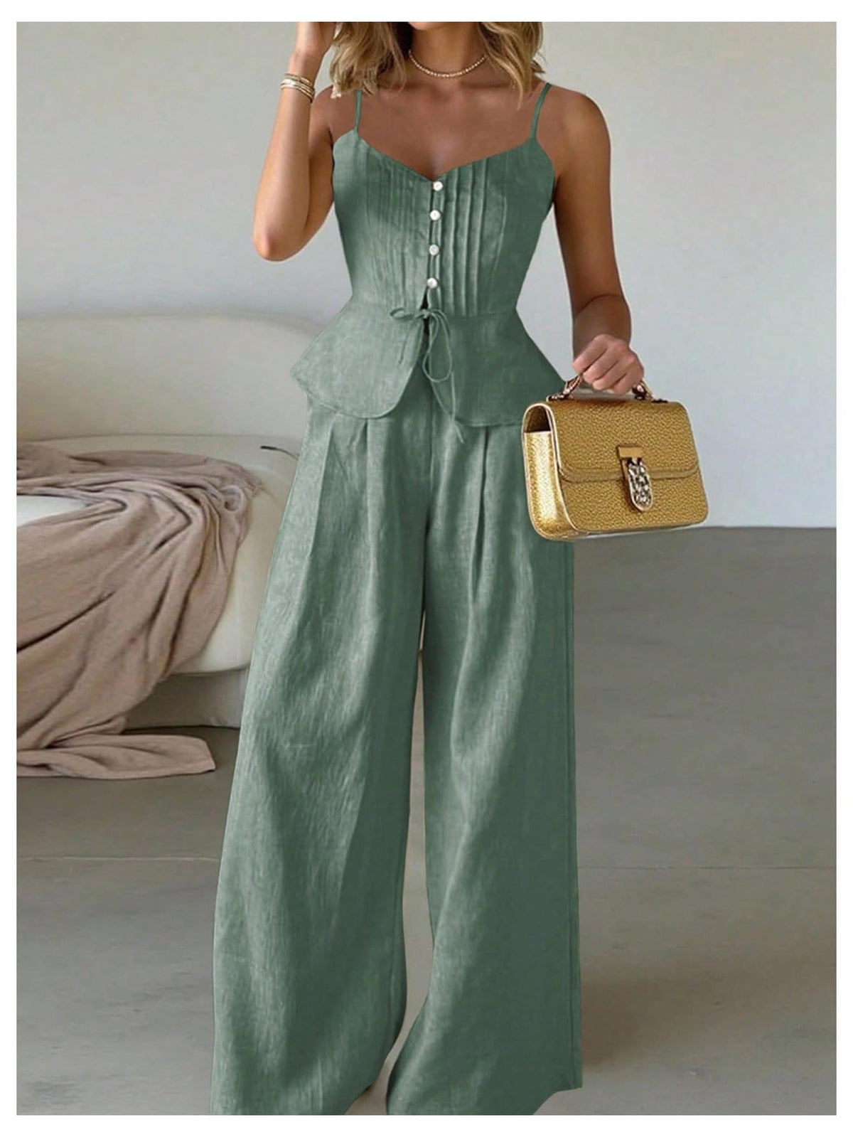 SOLY HUX Women's 2 Piece Outfit Button Down Peplum Cami Wide Leg Pants Set