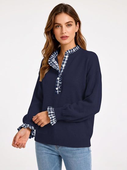 Ruffle Knit Collared Quarter Pullover