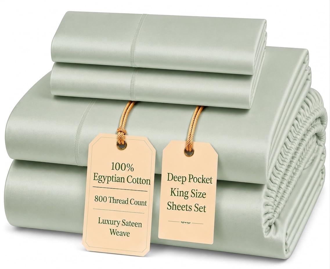 100% Egyptian Cotton Sheets King Size Sheets Set with Fully Elasticated 15" Deep Fitted Sheet & Pillowcases