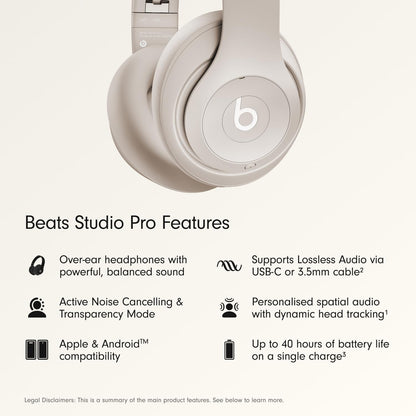 Beats Studio Pro Premium Wireless Over-Ear Headphones- Up to 40-Hour Battery Life, Active Noise Cancelling, Great for Travel & Commuting, USB-C Lossless Audio, Apple & Android Compatible -Black
