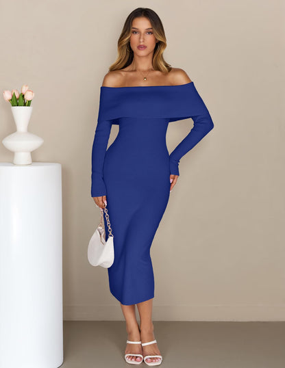 MEROKEETY Women's Fall Off Shoulder Long Sleeve Bodycon Midi Sweater Dress