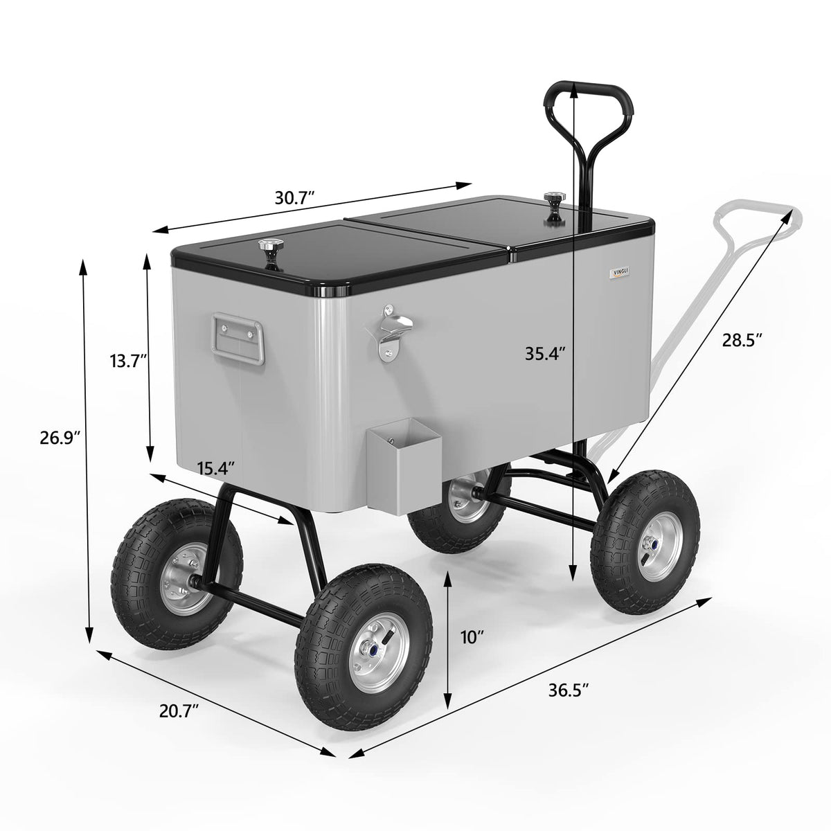 Vingli 80 Quart Wagon Rolling Cooler Ice Chest, W/Long Handle and 10" Wheels