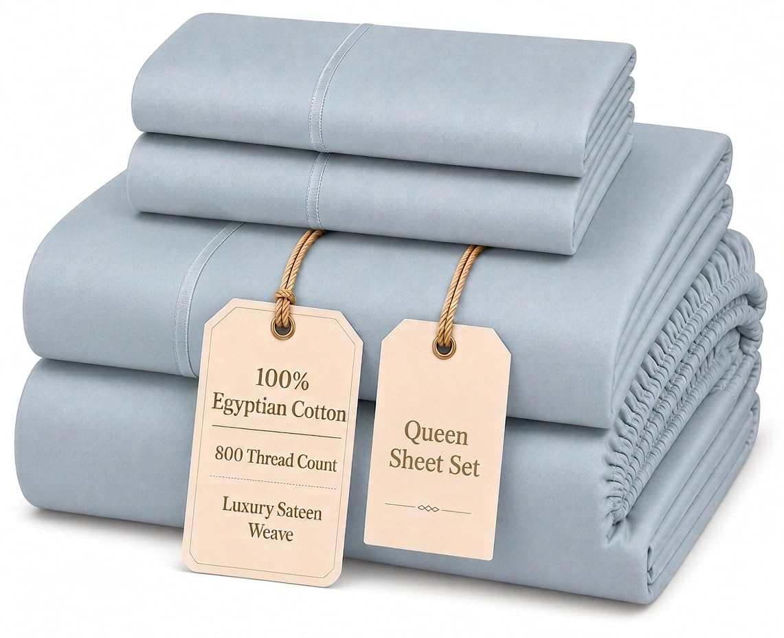 100% Egyptian Cotton Sheets King Size Sheets Set with Fully Elasticated 15" Deep Fitted Sheet & Pillowcases