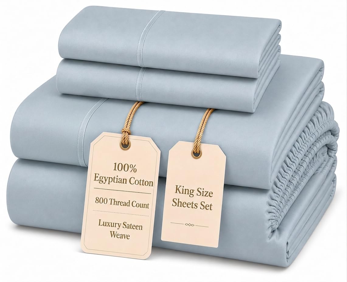 100% Egyptian Cotton Sheets King Size Sheets Set with Fully Elasticated 15" Deep Fitted Sheet & Pillowcases