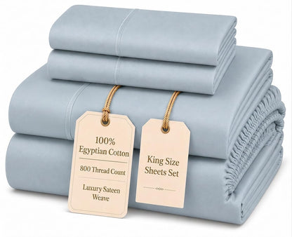 100% Egyptian Cotton Sheets King Size Sheets Set with Fully Elasticated 15" Deep Fitted Sheet & Pillowcases