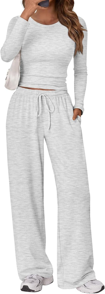 Trendy Queen Women's 2 Piece Matching Lounge Set Long Sleeve Side Ruching Top Wide Leg Drawstring Pants Set with Pockets