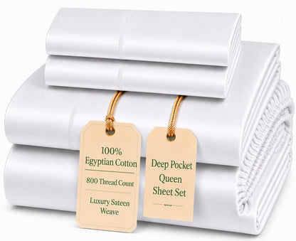 100% Egyptian Cotton Sheets King Size Sheets Set with Fully Elasticated 15" Deep Fitted Sheet & Pillowcases