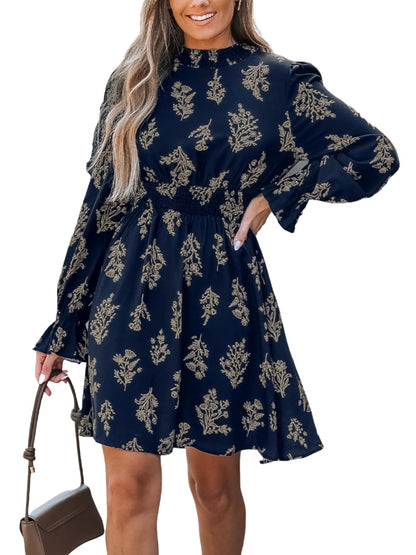 CUPSHE Women Mock Neck Floral Smocked Waist Mini Dress