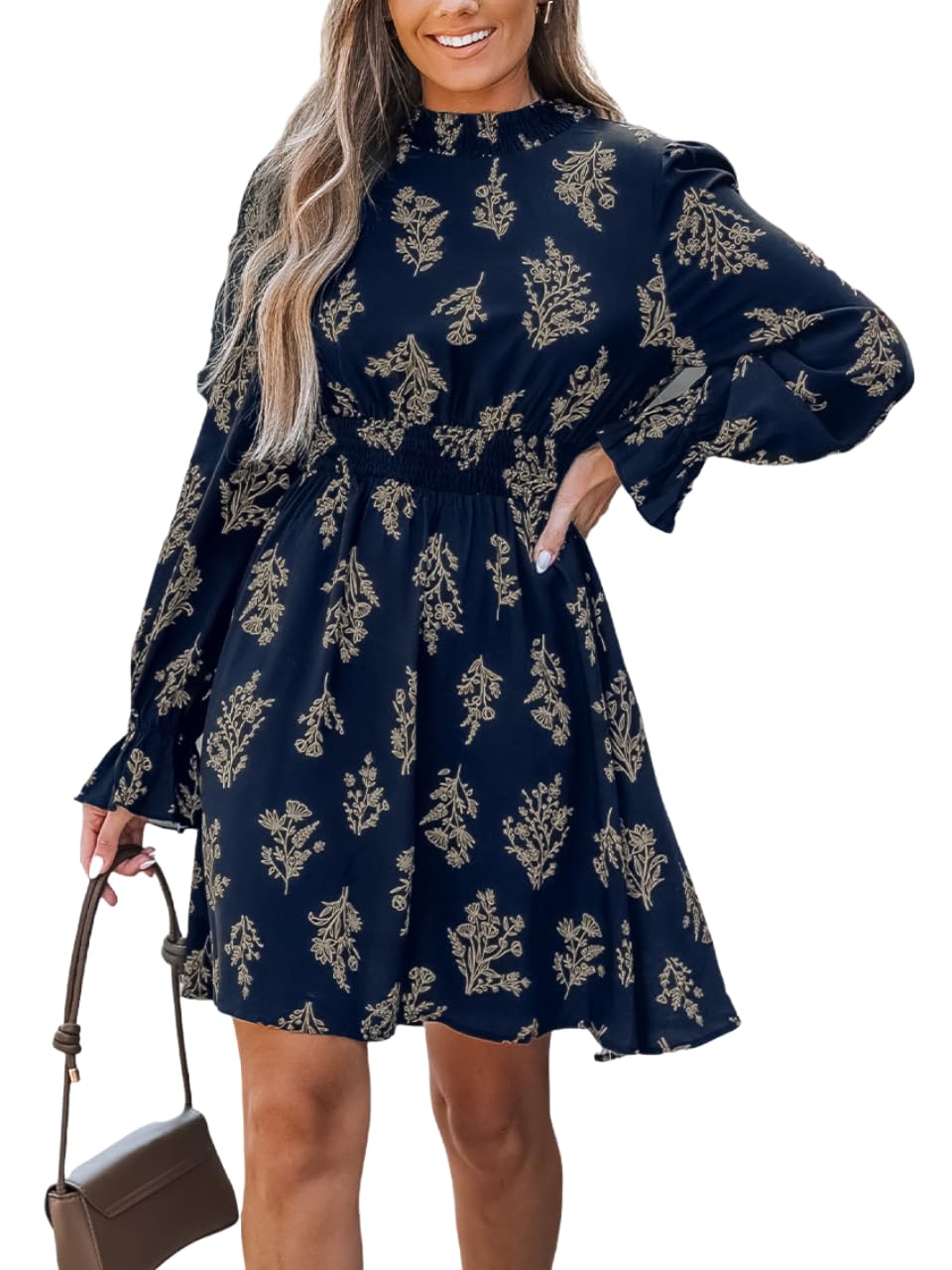 CUPSHE Women Mock Neck Floral Smocked Waist Mini Dress