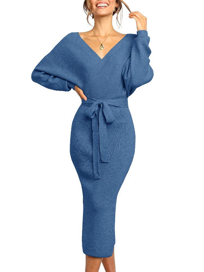 Womens Maxi Sweater Dress Long Sleeve Batwing Wrap V Neck Fall Dresses