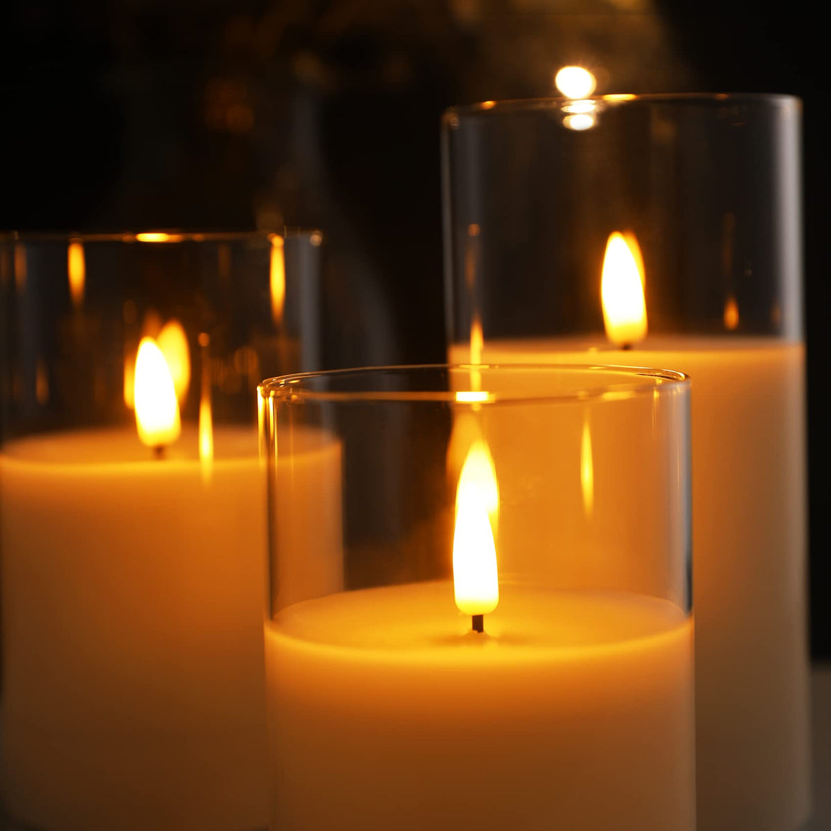 Eywamage Smoke Grey Glass Flameless Pillar Candles with Remote, Flickering LED Battery Candles Table Decor Set of 3