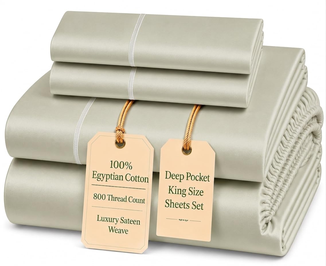 100% Egyptian Cotton Sheets King Size Sheets Set with Fully Elasticated 15" Deep Fitted Sheet & Pillowcases