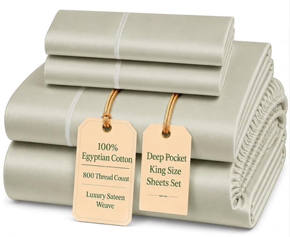100% Egyptian Cotton Sheets King Size Sheets Set with Fully Elasticated 15" Deep Fitted Sheet & Pillowcases