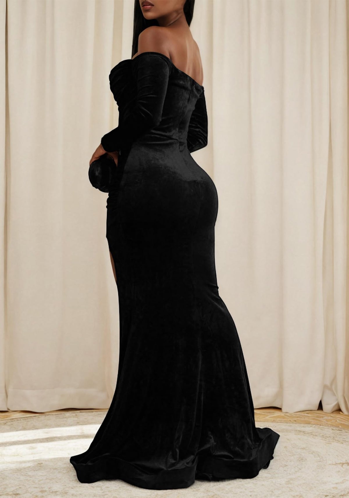 Women Off The Shoulder Formal Dresses Velvet High Split Maxi Dress