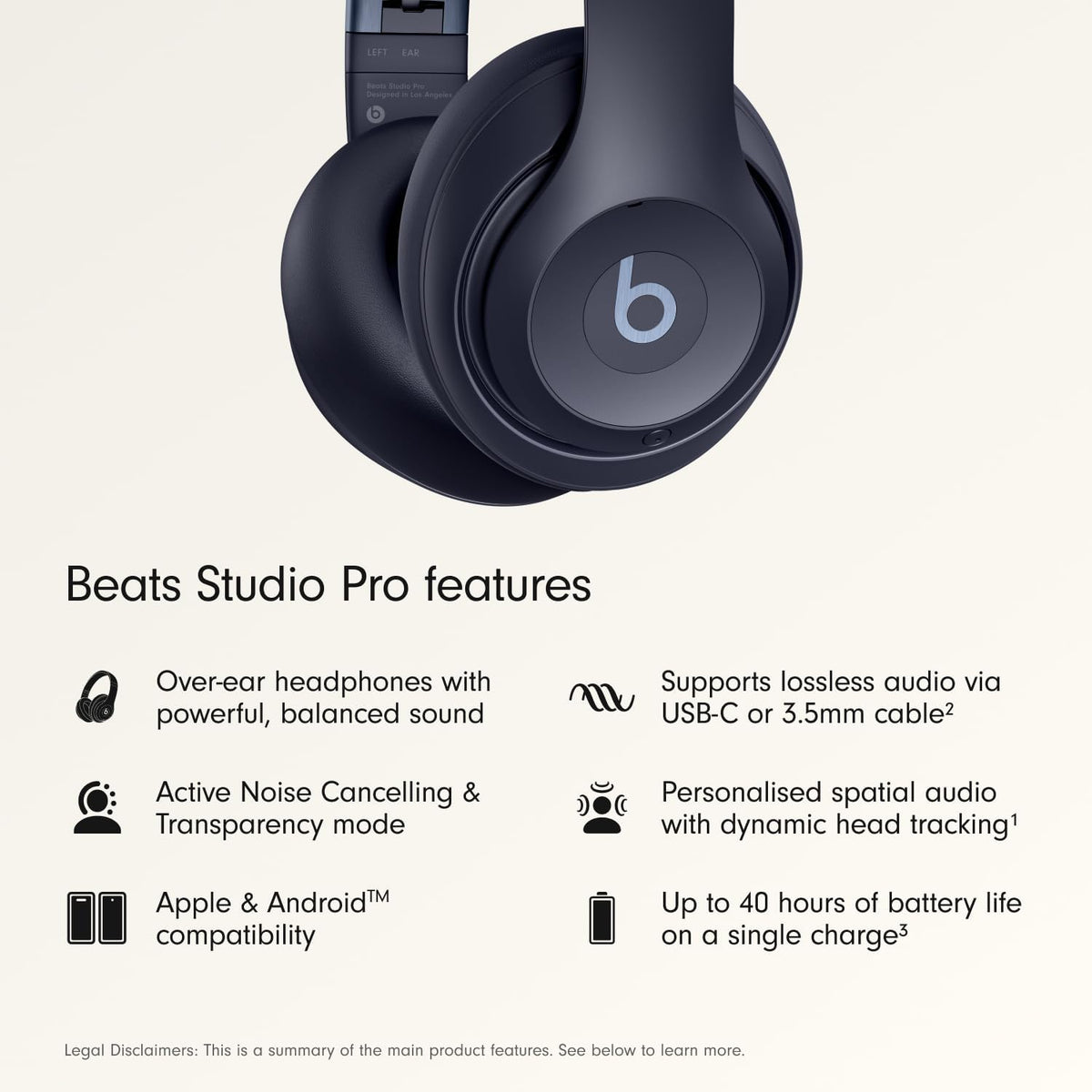 Beats Studio Pro Premium Wireless Over-Ear Headphones- Up to 40-Hour Battery Life, Active Noise Cancelling, Great for Travel & Commuting, USB-C Lossless Audio, Apple & Android Compatible -Black