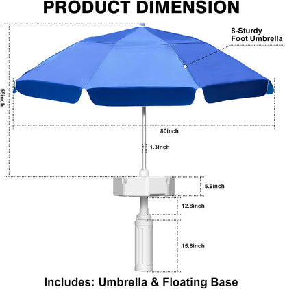 Outdoor Floating Umbrella for Inside of Pool with Weighted Base, 4 Cupholders Floating Table with Sun Shade, No-Tools Setup