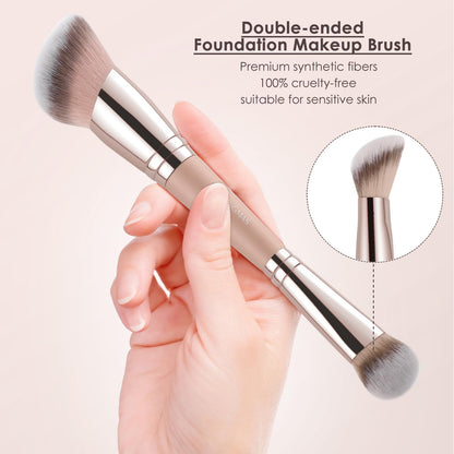 Kingmas Foundation Makeup Brush, Double Ended Bronzer Brush Angled & Round Contour Brushes for Beauty Blending Liquid Powder, Concealer Cream Cosmetics Blush (Brown)