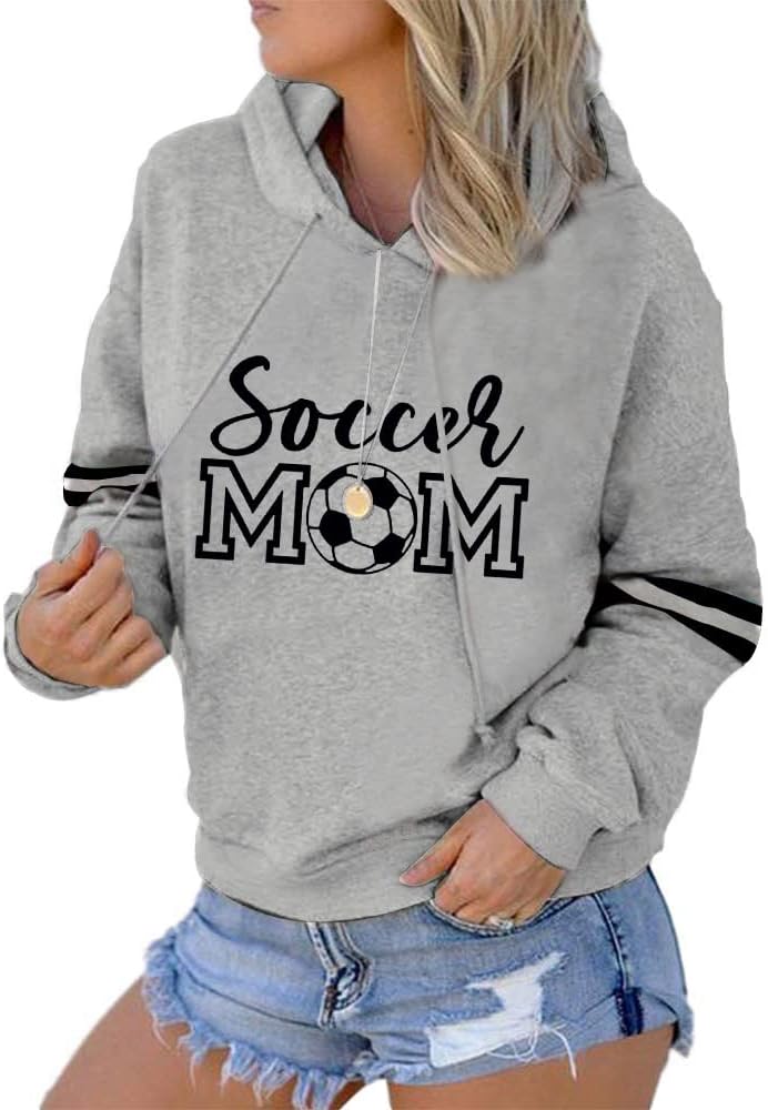 Womens Soccer Mom Hoodies Long Sleeve Casual Loose Striped Soccer Graphic Sweatshirt with Pocket
