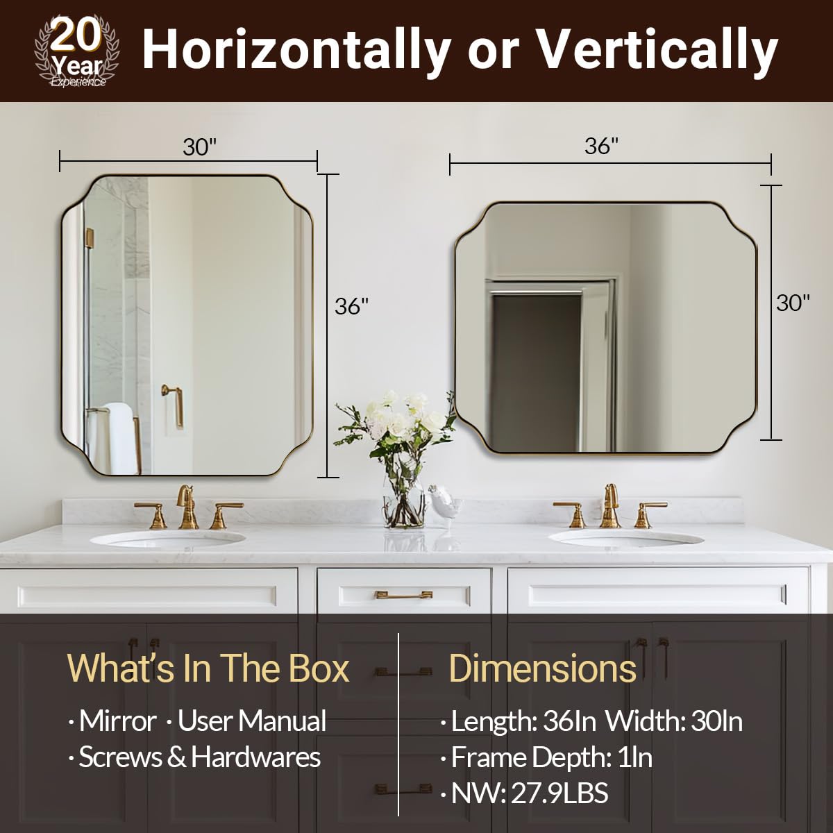Andy Star Unique Rectangle Wall Mirror, 24"X32"