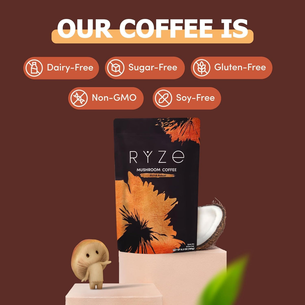 Ryze Superfoods Mushroom Medium Roast Coffee Usda Organic with 6 Adaptogenic Mushrooms