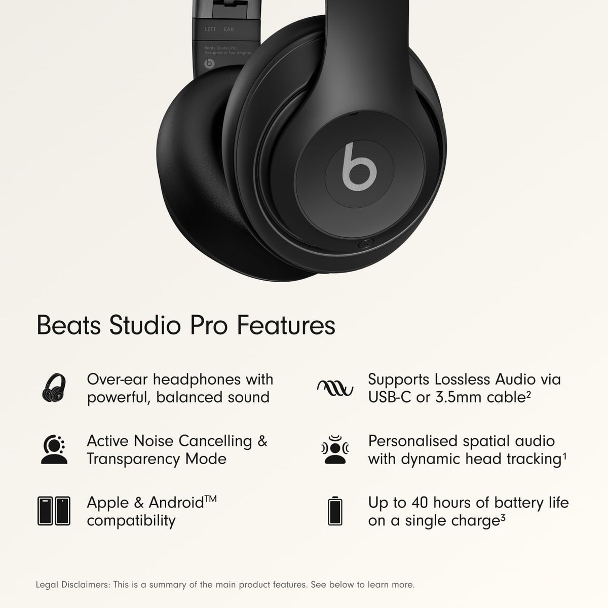 Beats Studio Pro Premium Wireless Over-Ear Headphones- Up to 40-Hour Battery Life, Active Noise Cancelling, Great for Travel & Commuting, USB-C Lossless Audio, Apple & Android Compatible -Black