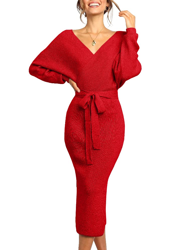 Womens Maxi Sweater Dress Long Sleeve Batwing Wrap V Neck Fall Dresses