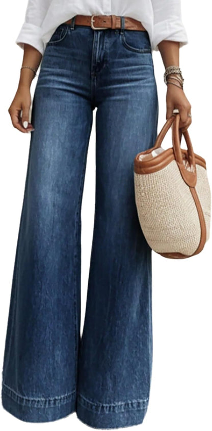 Women's Baggy Wide Leg Jeans High Waisted Stretchy Loose Washed Distressed Boyfriend Denim Pants