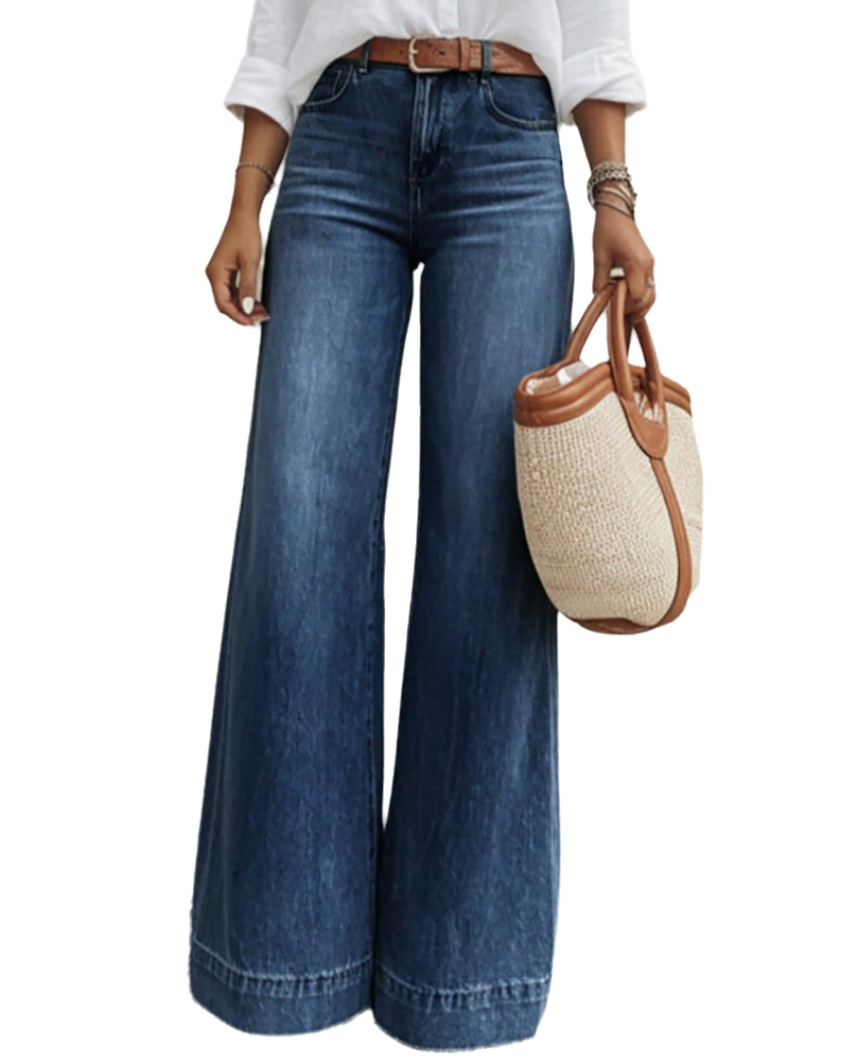 Women's Baggy Wide Leg Jeans High Waisted Stretchy Loose Washed Distressed Boyfriend Denim Pants